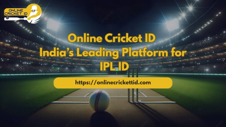 Promotional banner showing a cricket stadium at night with bright floodlights, a cricket pitch with stumps and a ball in the foreground, and the text “Online Cricket ID – India’s Leading Platform for IPL ID” along with the website link “https://onlinecricketid.com” . The top-left corner features a logo of a batsman with the words “Online Cricket ID”.