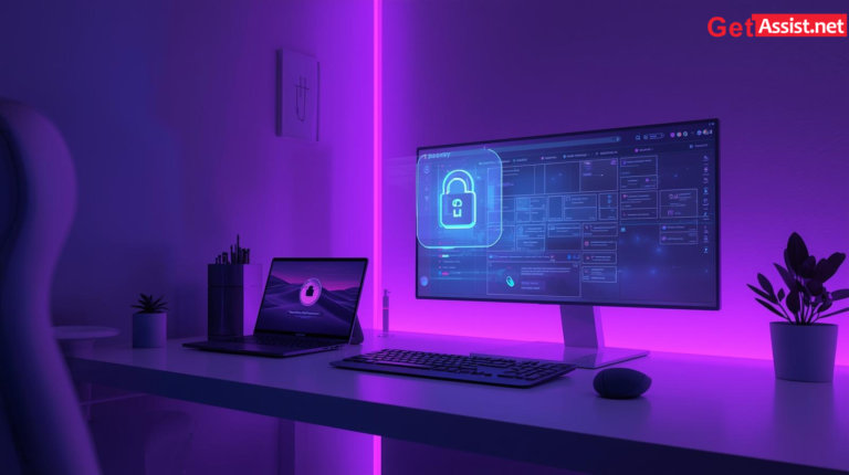 A futuristic workspace showing secure cloud login interfaces and a digital tech community forum.