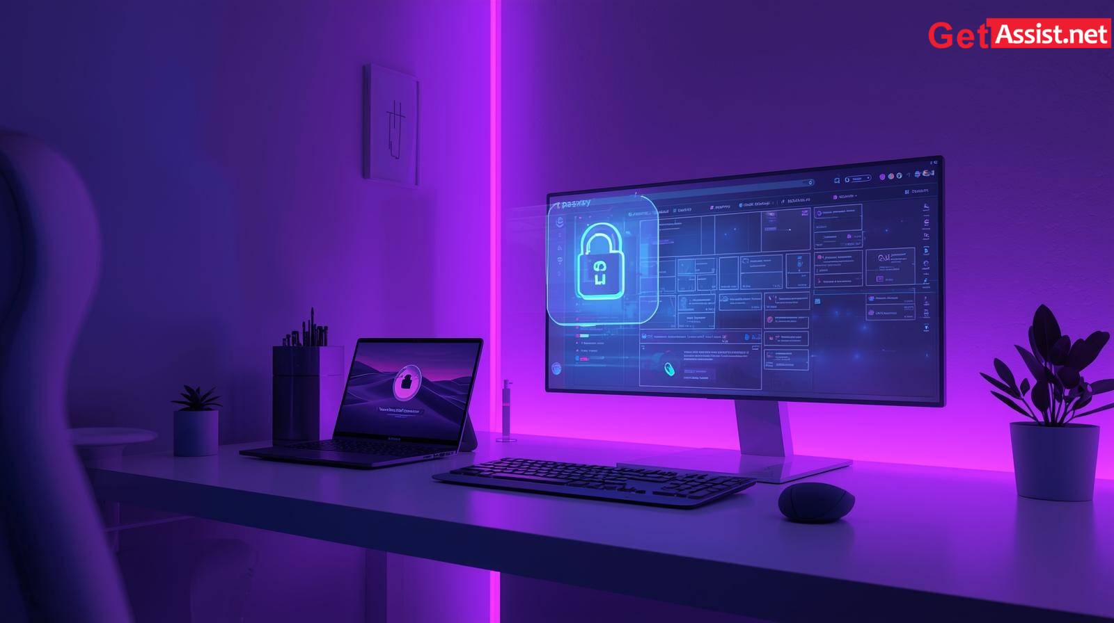 A futuristic workspace showing secure cloud login interfaces and a digital tech community forum.