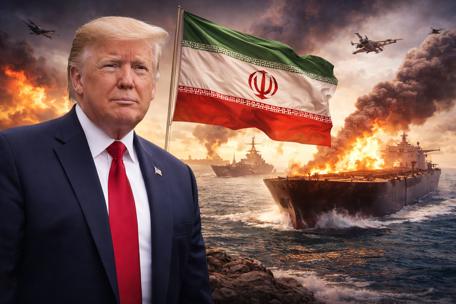 Trump and burning tanker in Hormuz Strait